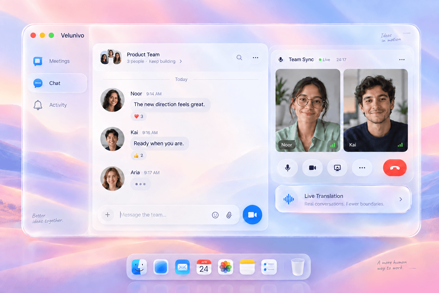 Velunivo workspace on a Mac, with translucent panels and a soft blue desktop