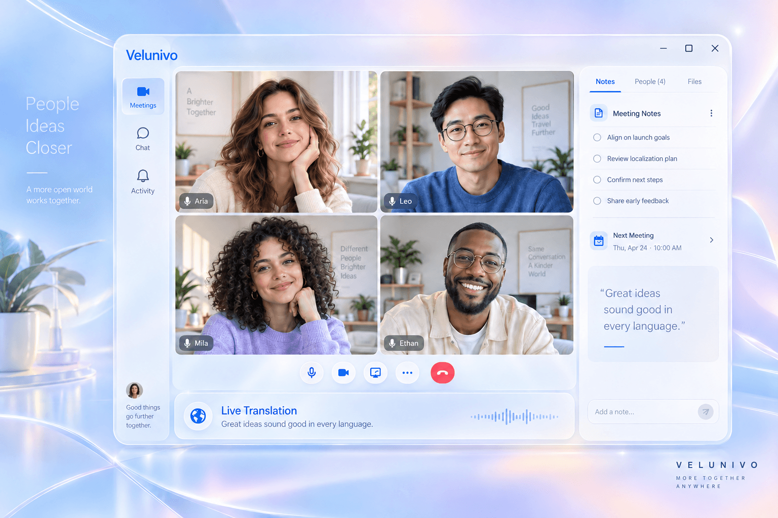 Velunivo desktop app on Windows, showing team conversations in a light glass interface